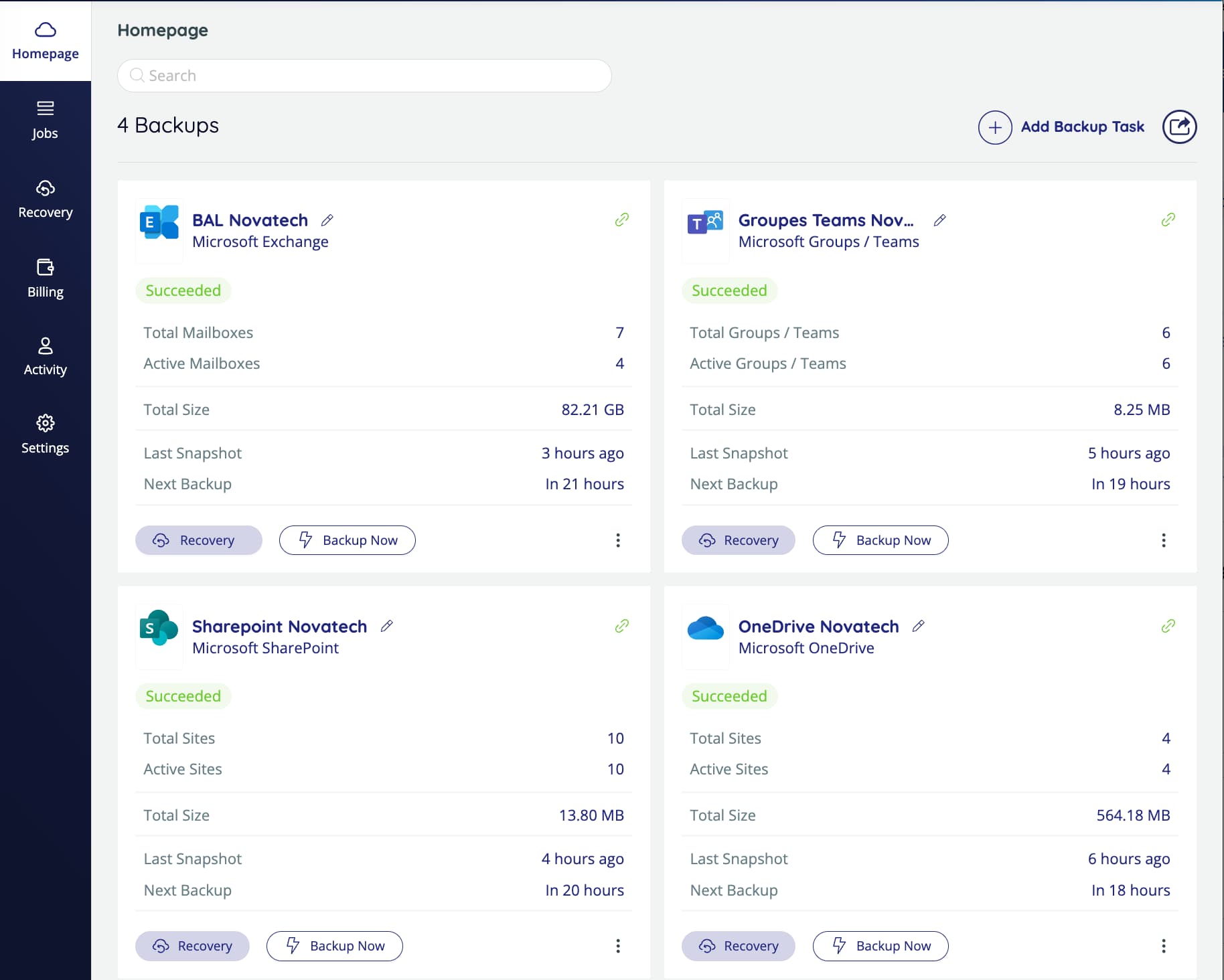 Interface de sauvegarde Microsoft 365 Novatech - Dashboard avec Exchange, Teams, SharePoint et OneDrive